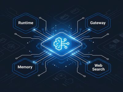 AWS Bedrock AgentCore managed agent platform diagram showing Runtime, Gateway, Memory and Web Search nodes connected in a cloud architecture
