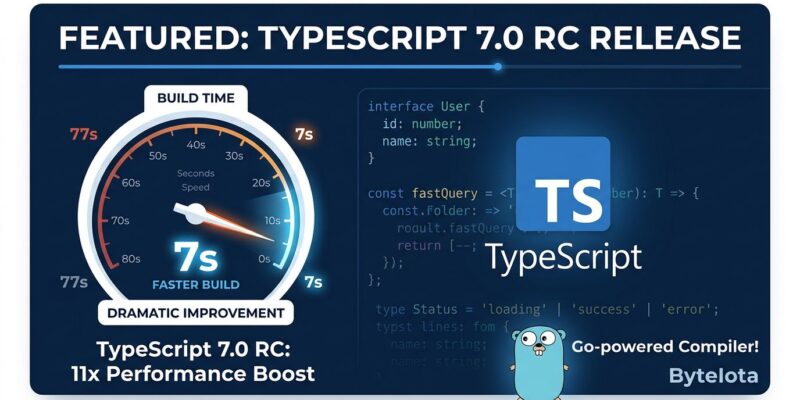 TypeScript 7.0 RC performance chart showing build time drop from 77 seconds to 7 seconds with Go compiler