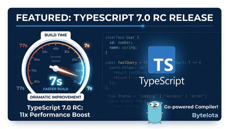 TypeScript 7.0 RC performance chart showing build time drop from 77 seconds to 7 seconds with Go compiler