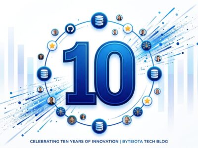 ClickHouse 10-year anniversary — number 10 with database icons and GitHub stars orbiting, blue and white tech design