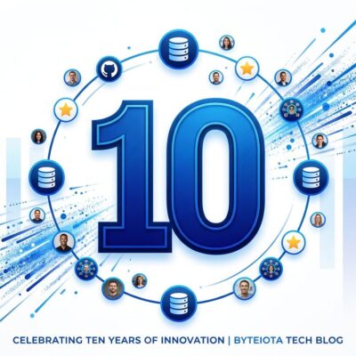 ClickHouse 10-year anniversary — number 10 with database icons and GitHub stars orbiting, blue and white tech design