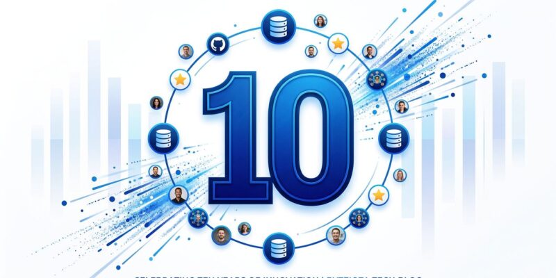 ClickHouse 10-year anniversary — number 10 with database icons and GitHub stars orbiting, blue and white tech design