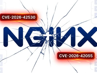 NGINX logo with cracked fracture pattern symbolizing critical CVE-2026-42530 and CVE-2026-42055 vulnerabilities