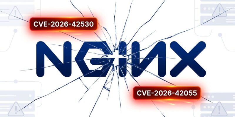 NGINX logo with cracked fracture pattern symbolizing critical CVE-2026-42530 and CVE-2026-42055 vulnerabilities