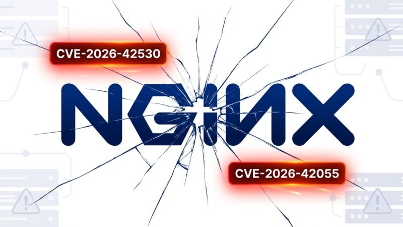 NGINX logo with cracked fracture pattern symbolizing critical CVE-2026-42530 and CVE-2026-42055 vulnerabilities