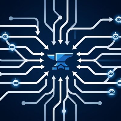 Abstract visualization of Cursor Origin git forge with AI agents committing code in parallel across a branching network