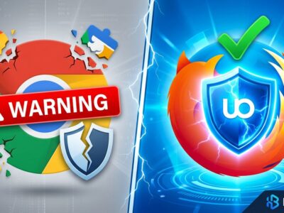 Split-screen showing Chrome browser with disabled uBlock Origin extension on left and Firefox with active uBlock Origin shield on right, representing Manifest V3 impact on ad blocking