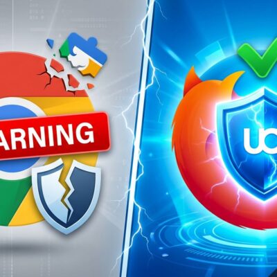 Split-screen showing Chrome browser with disabled uBlock Origin extension on left and Firefox with active uBlock Origin shield on right, representing Manifest V3 impact on ad blocking