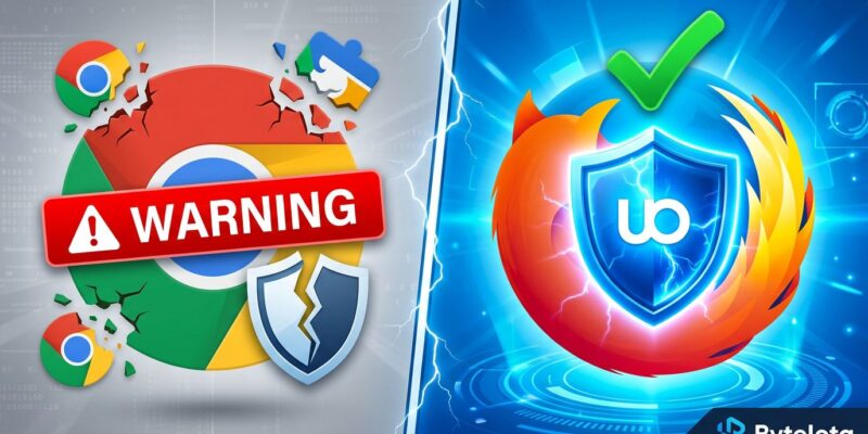 Split-screen showing Chrome browser with disabled uBlock Origin extension on left and Firefox with active uBlock Origin shield on right, representing Manifest V3 impact on ad blocking