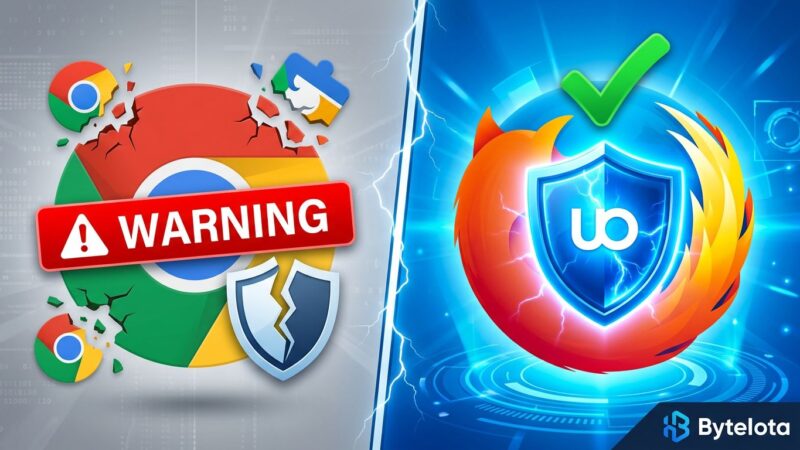 Split-screen showing Chrome browser with disabled uBlock Origin extension on left and Firefox with active uBlock Origin shield on right, representing Manifest V3 impact on ad blocking