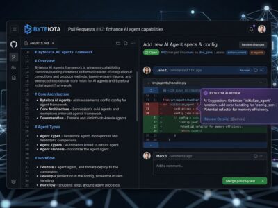 GitHub Copilot code review interface showing AGENTS.md file in a code editor with AI overlay and blue and white ByteIota brand colors