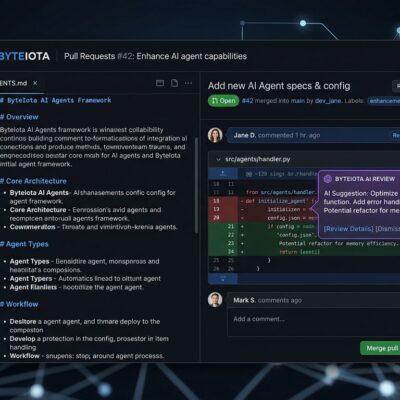 GitHub Copilot code review interface showing AGENTS.md file in a code editor with AI overlay and blue and white ByteIota brand colors