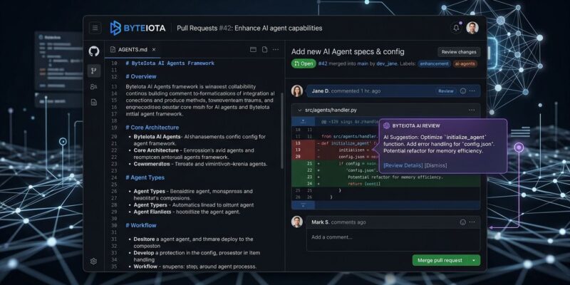 GitHub Copilot code review interface showing AGENTS.md file in a code editor with AI overlay and blue and white ByteIota brand colors