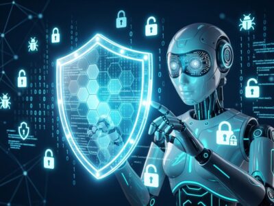 AI robot examining a digital shield surrounded by security vulnerability icons representing the 2026 CVE surge driven by AI bug hunting tools