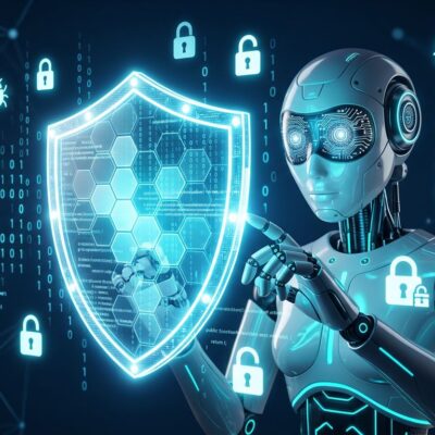 AI robot examining a digital shield surrounded by security vulnerability icons representing the 2026 CVE surge driven by AI bug hunting tools