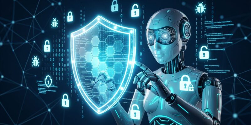 AI robot examining a digital shield surrounded by security vulnerability icons representing the 2026 CVE surge driven by AI bug hunting tools