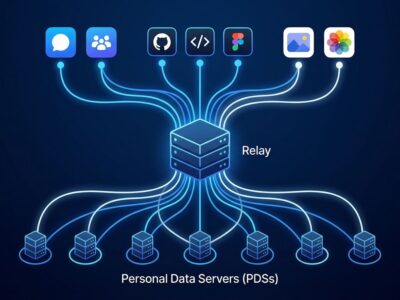Network diagram showing ATProto's three-layer architecture: Personal Data Servers at the bottom, a central Relay aggregator, and multiple AppView applications at the top, connected by glowing blue data streams
