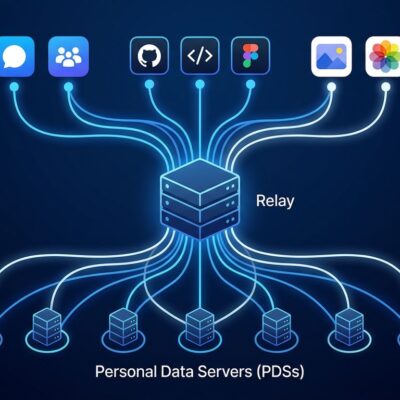 Network diagram showing ATProto's three-layer architecture: Personal Data Servers at the bottom, a central Relay aggregator, and multiple AppView applications at the top, connected by glowing blue data streams