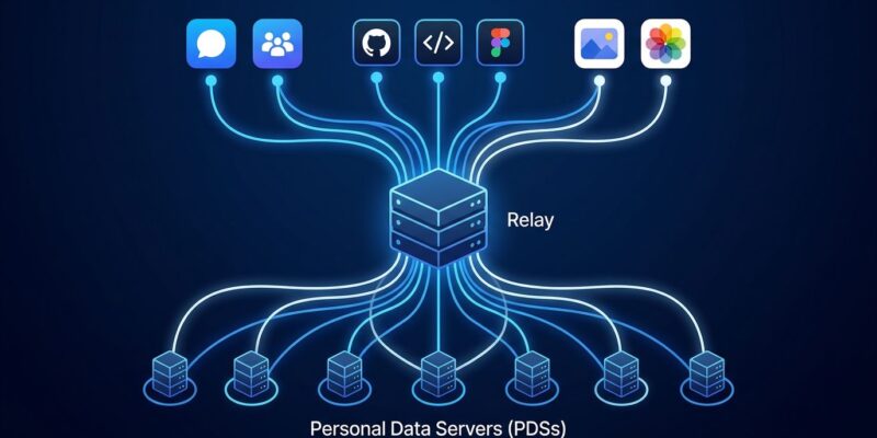 Network diagram showing ATProto's three-layer architecture: Personal Data Servers at the bottom, a central Relay aggregator, and multiple AppView applications at the top, connected by glowing blue data streams