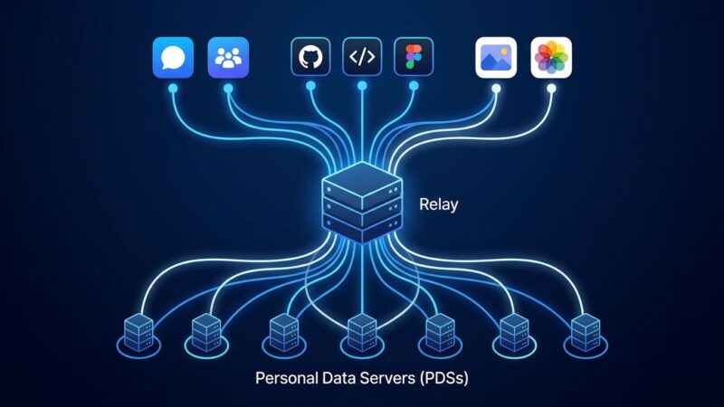 Network diagram showing ATProto's three-layer architecture: Personal Data Servers at the bottom, a central Relay aggregator, and multiple AppView applications at the top, connected by glowing blue data streams