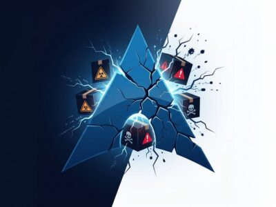 Arch Linux logo fracturing to reveal corrupted AUR packages - Atomic Arch supply chain attack illustration