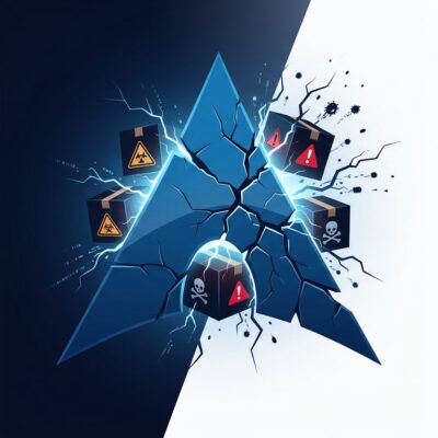 Arch Linux logo fracturing to reveal corrupted AUR packages - Atomic Arch supply chain attack illustration