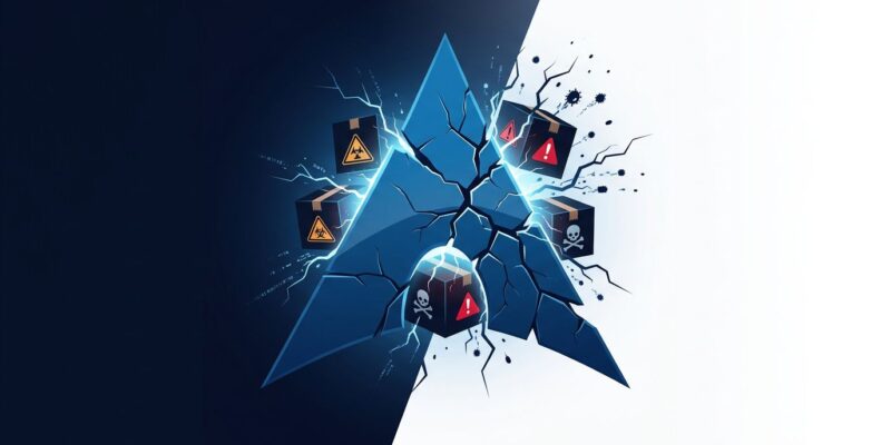 Arch Linux logo fracturing to reveal corrupted AUR packages - Atomic Arch supply chain attack illustration