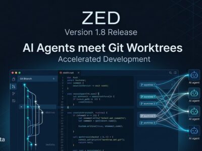 Zed code editor 1.8 release showing git graph context menu and parallel agent worktrees on dark background