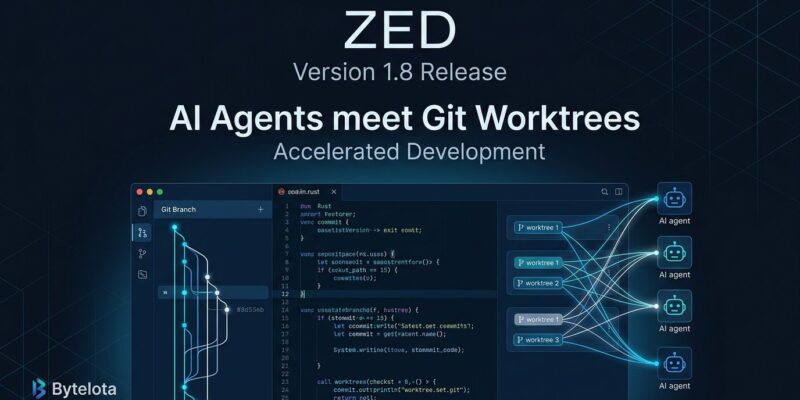 Zed code editor 1.8 release showing git graph context menu and parallel agent worktrees on dark background