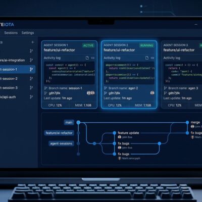 GitHub Copilot App dashboard showing multiple parallel AI agent sessions running in isolated git worktrees
