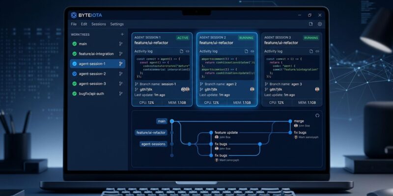 GitHub Copilot App dashboard showing multiple parallel AI agent sessions running in isolated git worktrees