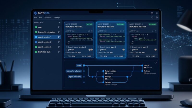 GitHub Copilot App dashboard showing multiple parallel AI agent sessions running in isolated git worktrees