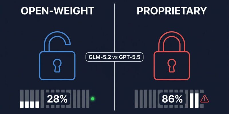 Split-screen comparison showing GLM-5.2 28% hallucination rate versus GPT-5.5 86% on the AA-Omniscience benchmark