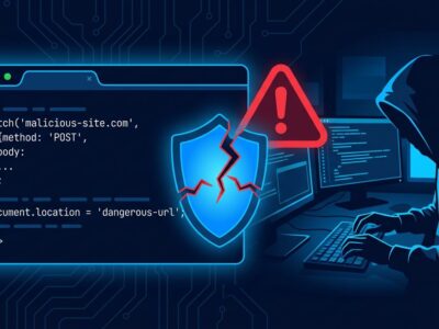 A browser window with malicious JavaScript targeting a local AI agent control plane, representing the AutoJack RCE attack