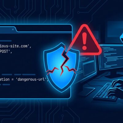 A browser window with malicious JavaScript targeting a local AI agent control plane, representing the AutoJack RCE attack