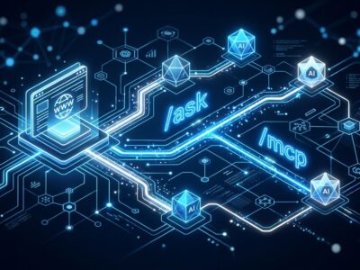 Abstract visualization of a website connecting to AI agents through NLWeb protocol endpoints, blue and white network nodes on dark background