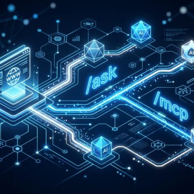 Abstract visualization of a website connecting to AI agents through NLWeb protocol endpoints, blue and white network nodes on dark background