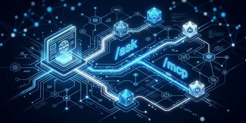 Abstract visualization of a website connecting to AI agents through NLWeb protocol endpoints, blue and white network nodes on dark background