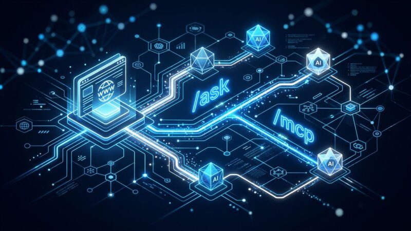 Abstract visualization of a website connecting to AI agents through NLWeb protocol endpoints, blue and white network nodes on dark background