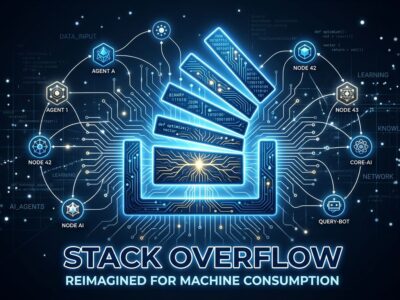 Stack Overflow for Agents API-first knowledge corpus for AI coding agents - deep blue conceptual illustration with agent nodes