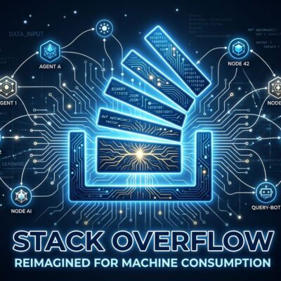 Stack Overflow for Agents API-first knowledge corpus for AI coding agents - deep blue conceptual illustration with agent nodes