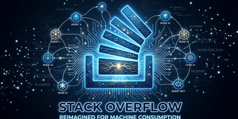 Stack Overflow for Agents API-first knowledge corpus for AI coding agents - deep blue conceptual illustration with agent nodes