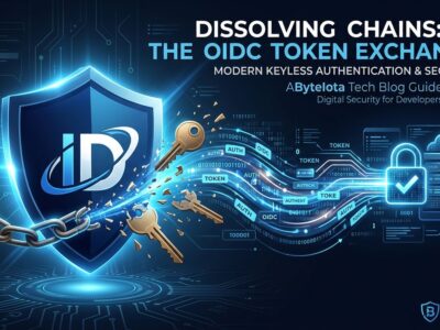 Abstract visualization of keyless OIDC token exchange replacing static API keys, blue and white security concept for developers