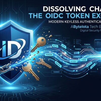 Abstract visualization of keyless OIDC token exchange replacing static API keys, blue and white security concept for developers