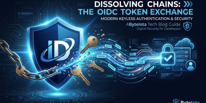 Abstract visualization of keyless OIDC token exchange replacing static API keys, blue and white security concept for developers
