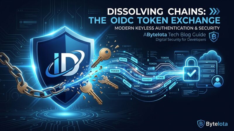 Abstract visualization of keyless OIDC token exchange replacing static API keys, blue and white security concept for developers