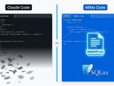 Split-screen comparison of MiMo Code and Claude Code terminal interfaces showing persistent memory architecture