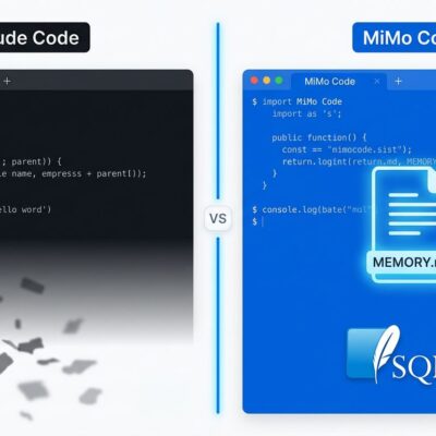 Split-screen comparison of MiMo Code and Claude Code terminal interfaces showing persistent memory architecture