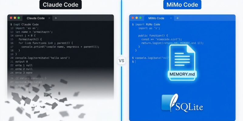 Split-screen comparison of MiMo Code and Claude Code terminal interfaces showing persistent memory architecture